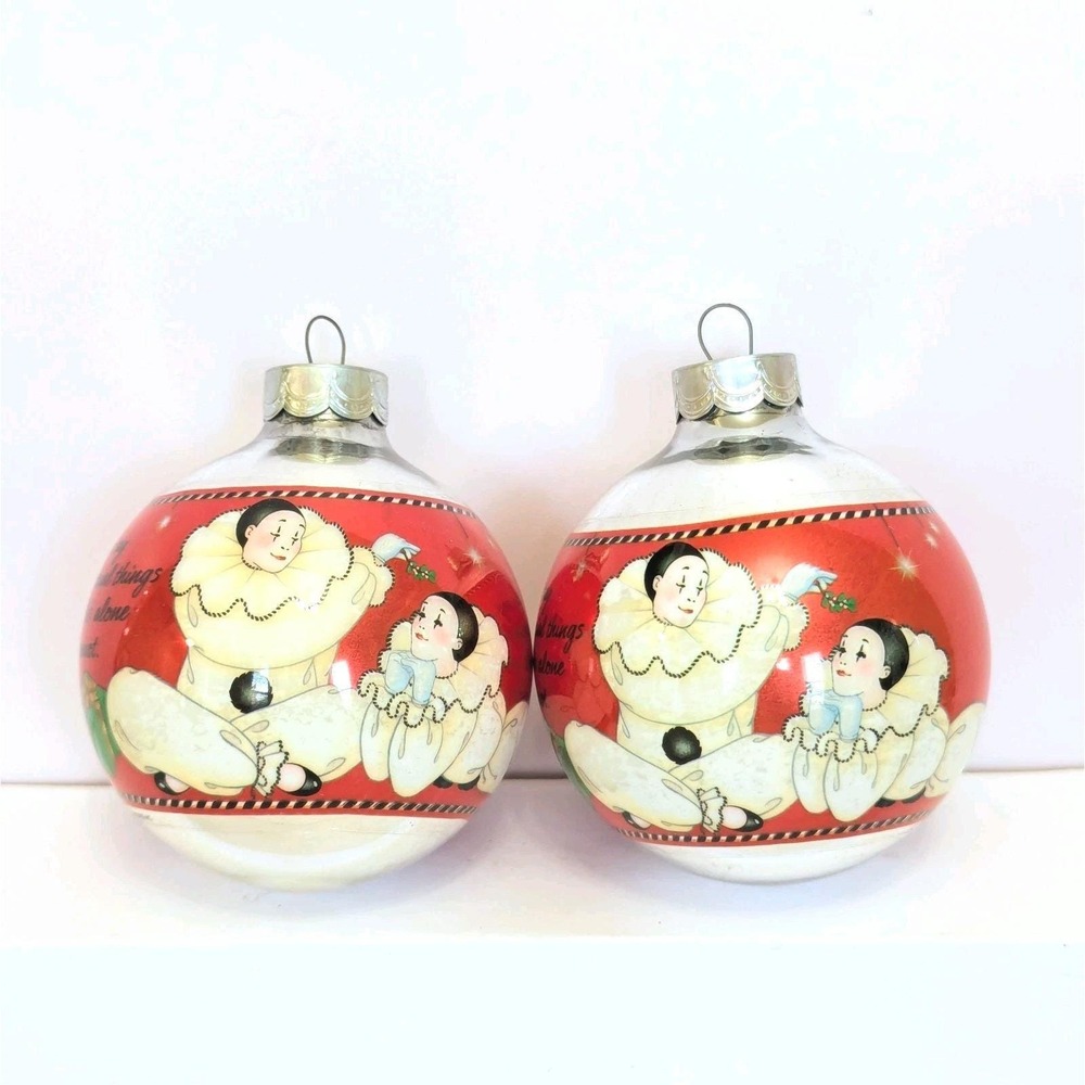 VTG Hallmark Glass Christmas Ornament 1984 "LOVE" Pierrot Clowns Bears Set of 2